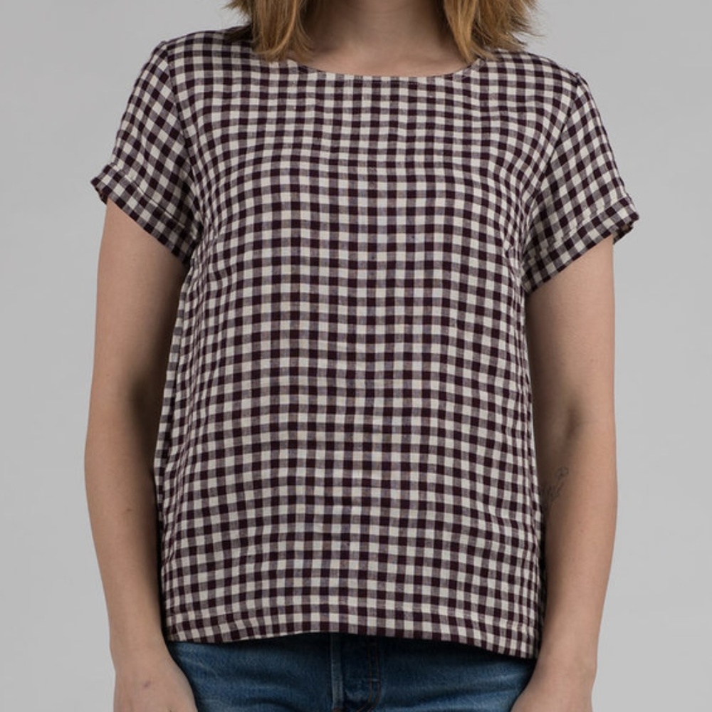 Pyne & Smith BLOUSE NO.14 IN PLUM CHECK LINEN